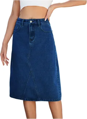 Jean Skirts for Women Summer Casual Denim High Waisted Midi Pencil Skirt Back Slit Below Knee Skirts with Pockets