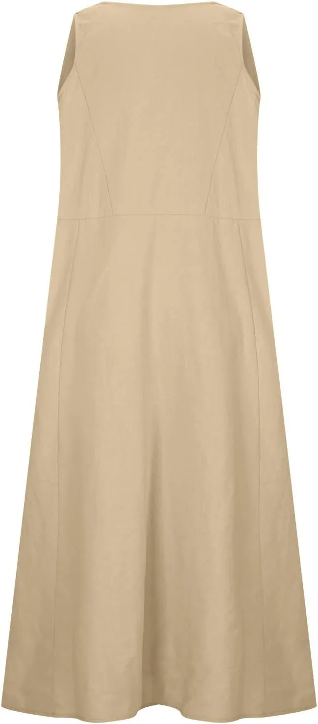 Linen Dress for Women 2025 Casual Plus Size Sleeveless Scoop Neck Maxi Dresses Summer Beach Vacation Dresses with Pockets
