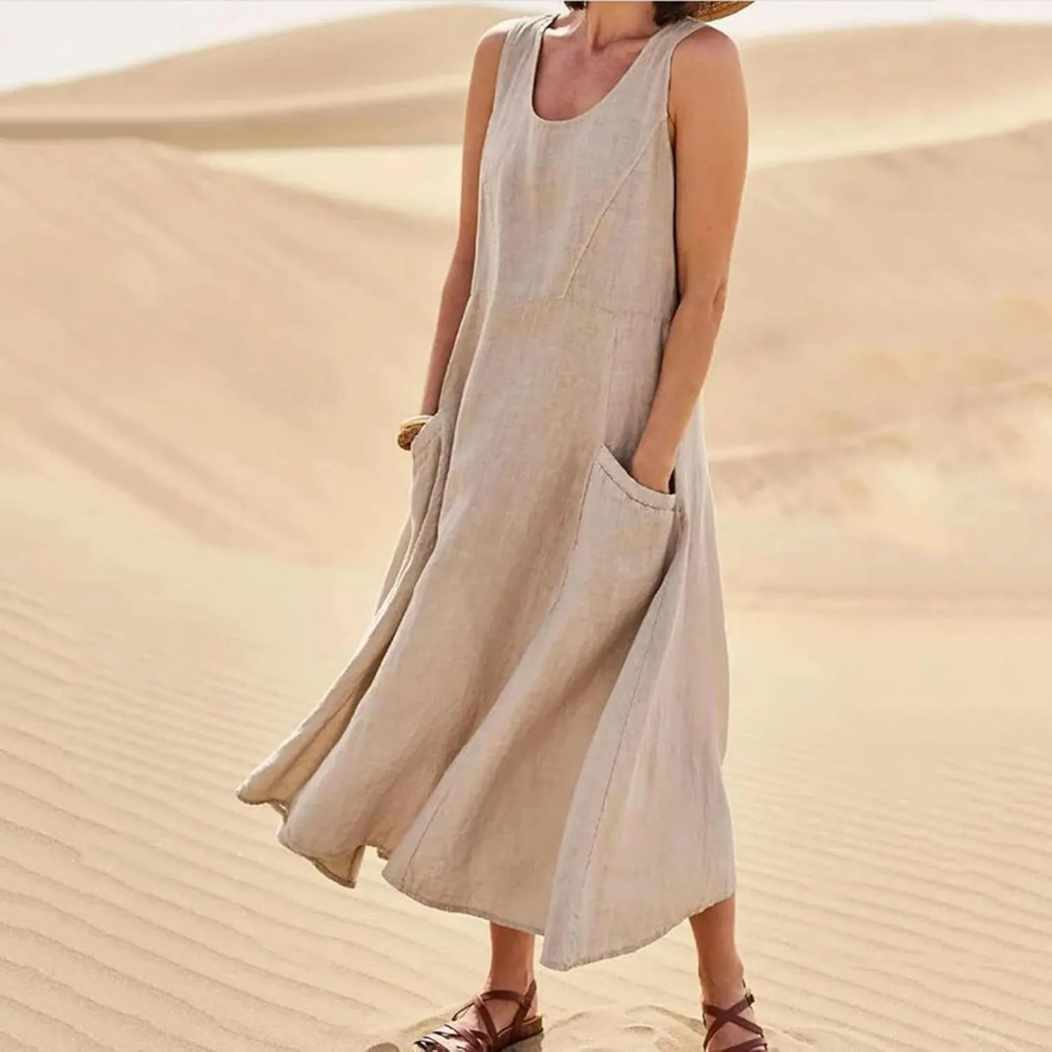 Linen Dress for Women 2025 Casual Plus Size Sleeveless Scoop Neck Maxi Dresses Summer Beach Vacation Dresses with Pockets