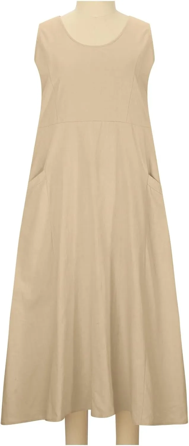 Linen Dress for Women 2025 Casual Plus Size Sleeveless Scoop Neck Maxi Dresses Summer Beach Vacation Dresses with Pockets