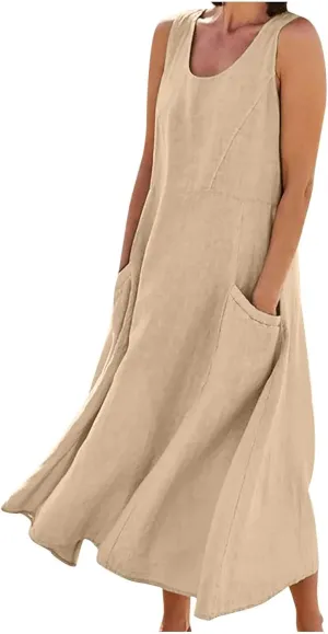 Linen Dress for Women 2025 Casual Plus Size Sleeveless Scoop Neck Maxi Dresses Summer Beach Vacation Dresses with Pockets