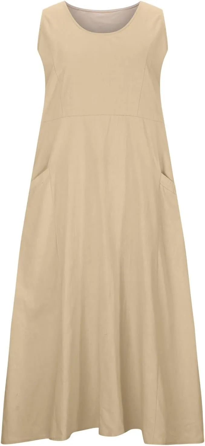 Linen Dress for Women 2025 Casual Plus Size Sleeveless Scoop Neck Maxi Dresses Summer Beach Vacation Dresses with Pockets