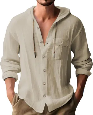 Linen Shirts for Men Casual Button Down Long Sleeve Shirt with Hood Summer Boho Beach Hoodies Loose Breathable Tee Top