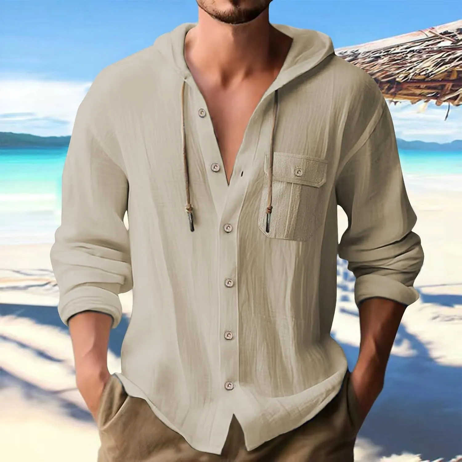 Linen Shirts for Men Casual Button Down Long Sleeve Shirt with Hood Summer Boho Beach Hoodies Loose Breathable Tee Top