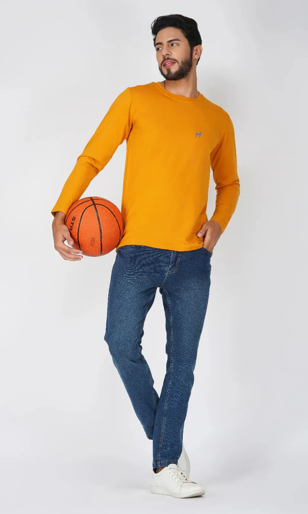 Mebadass Cotton Men's Fullsleeve Regular Size T-shirt - Mustard Yellow
