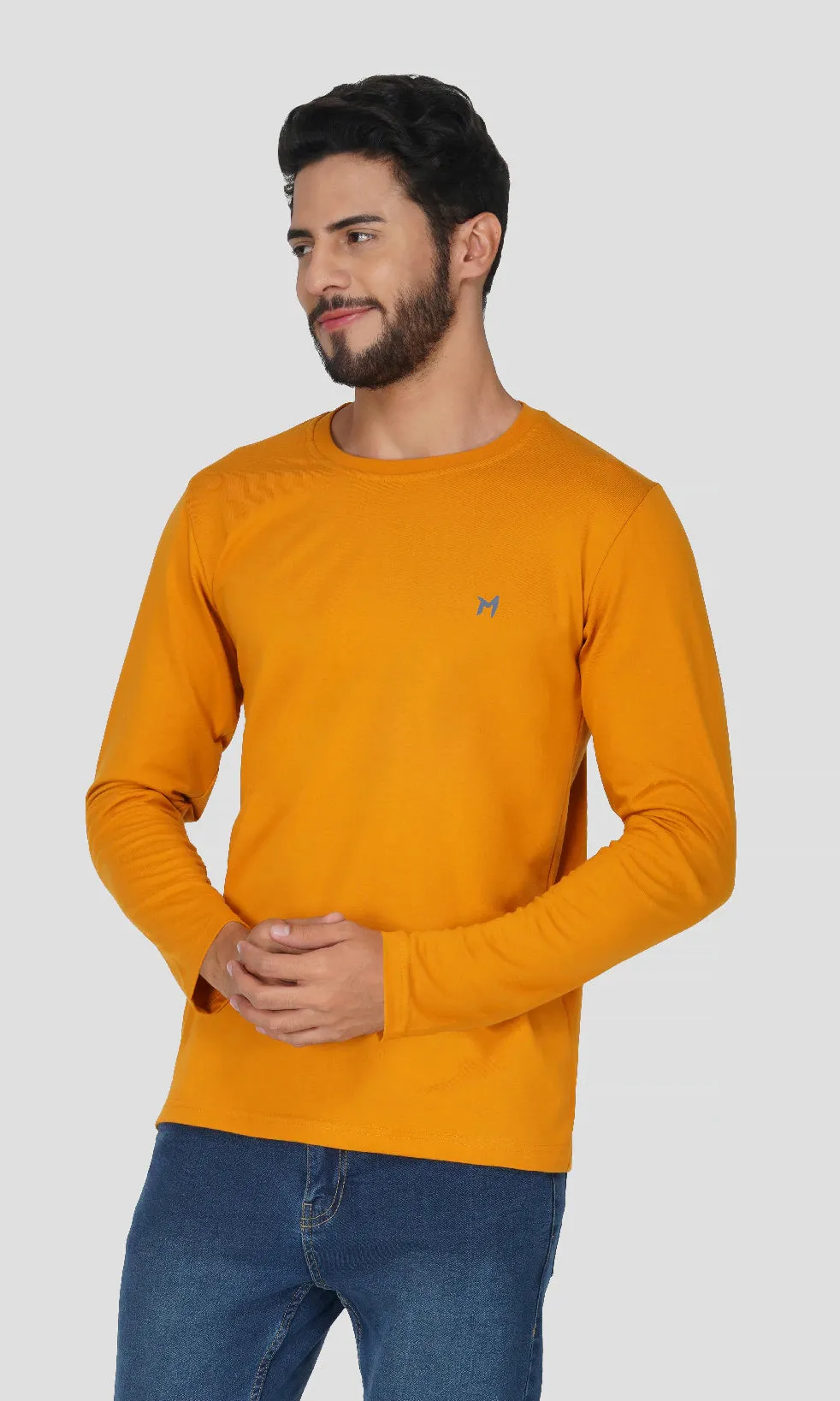 Mebadass Cotton Men's Fullsleeve Regular Size T-shirt - Mustard Yellow