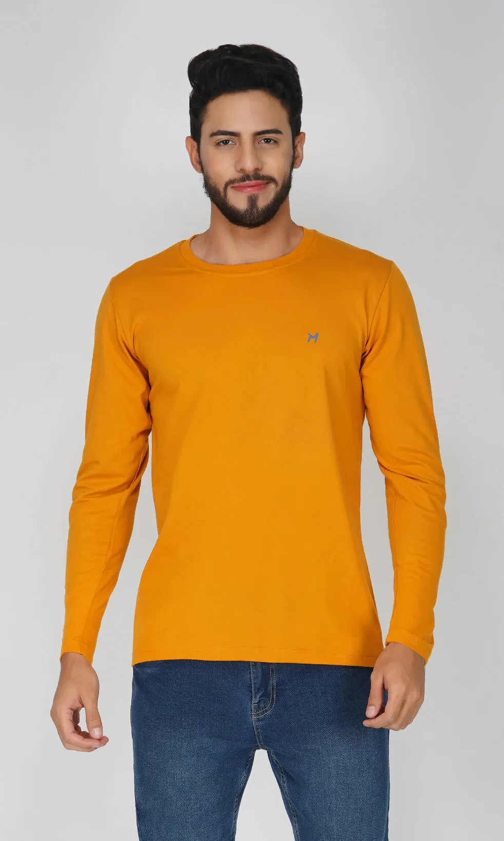 Mebadass Cotton Men's Fullsleeve Regular Size T-shirt - Mustard Yellow