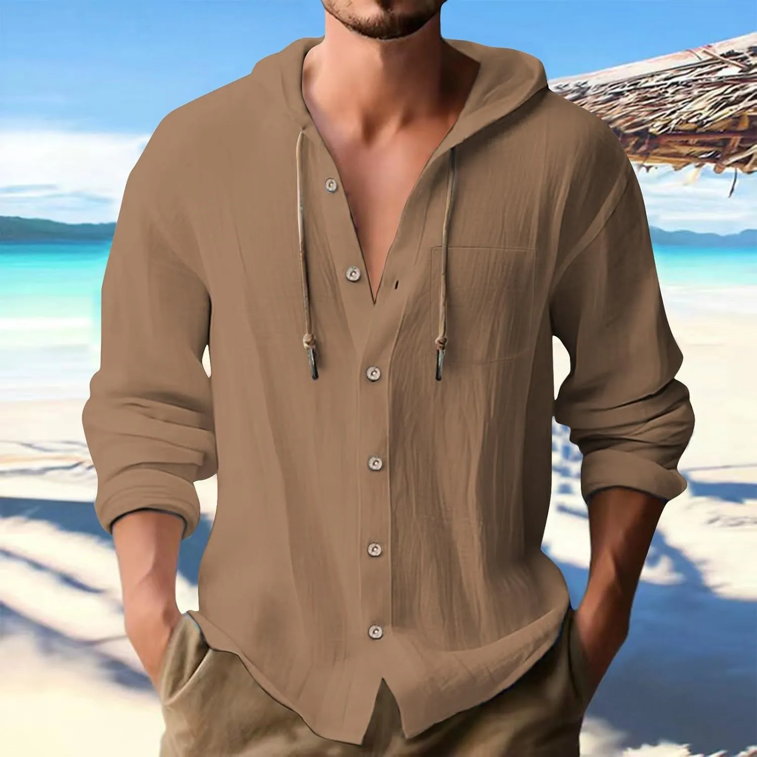Men's Cotton Linen Hoodies Plus Size Loose Solid Color Hooded Sweatshirts Summer Casual Button Down Beach Swim Shirts