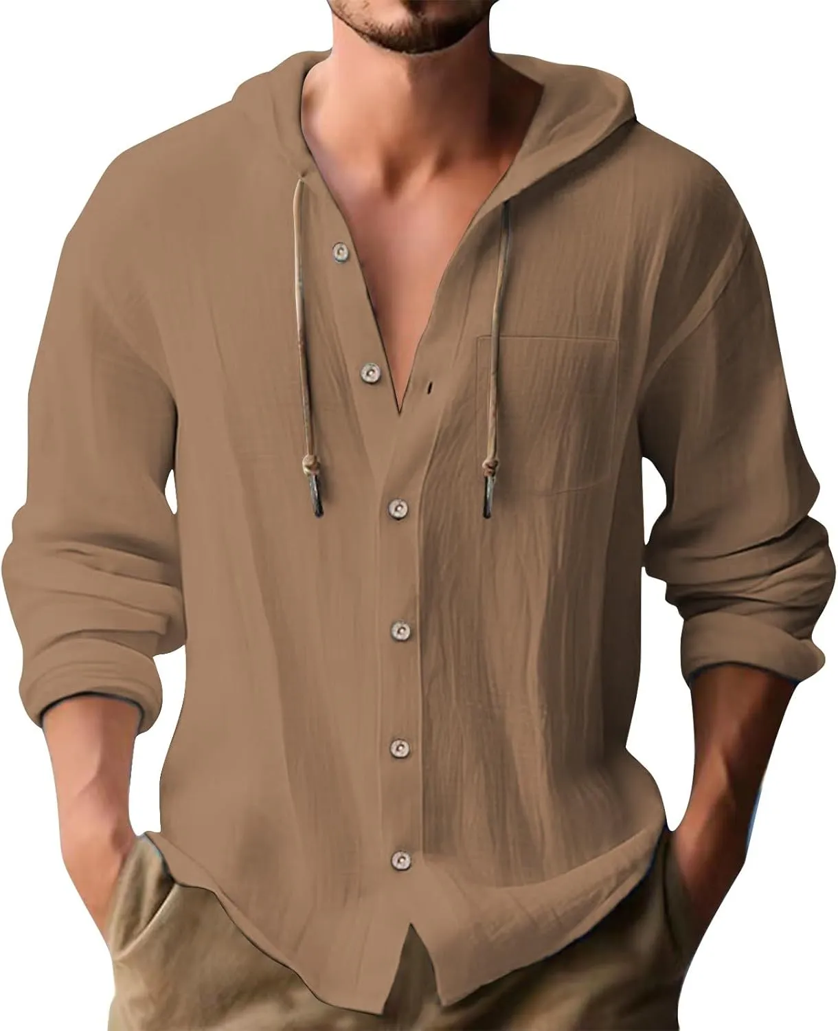 Men's Cotton Linen Hoodies Plus Size Loose Solid Color Hooded Sweatshirts Summer Casual Button Down Beach Swim Shirts