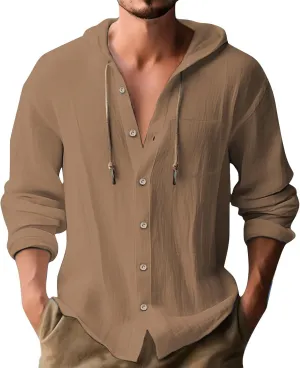 Men's Cotton Linen Hoodies Plus Size Loose Solid Color Hooded Sweatshirts Summer Casual Button Down Beach Swim Shirts