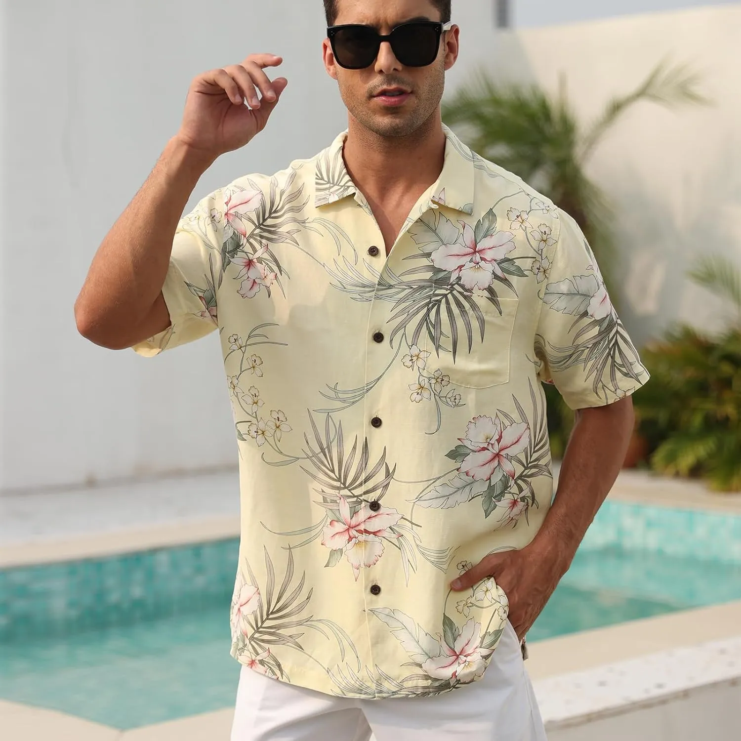 Men's Hawaiian Floral Shirts Silk and Linen Button Down Casual Tropical Holiday Beach Shirts