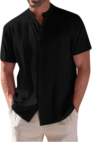 Mens Spring and Summer Solid Color Cotton and Linen with Pocket and Lapels and Half Buttoned Short Sleeved Western