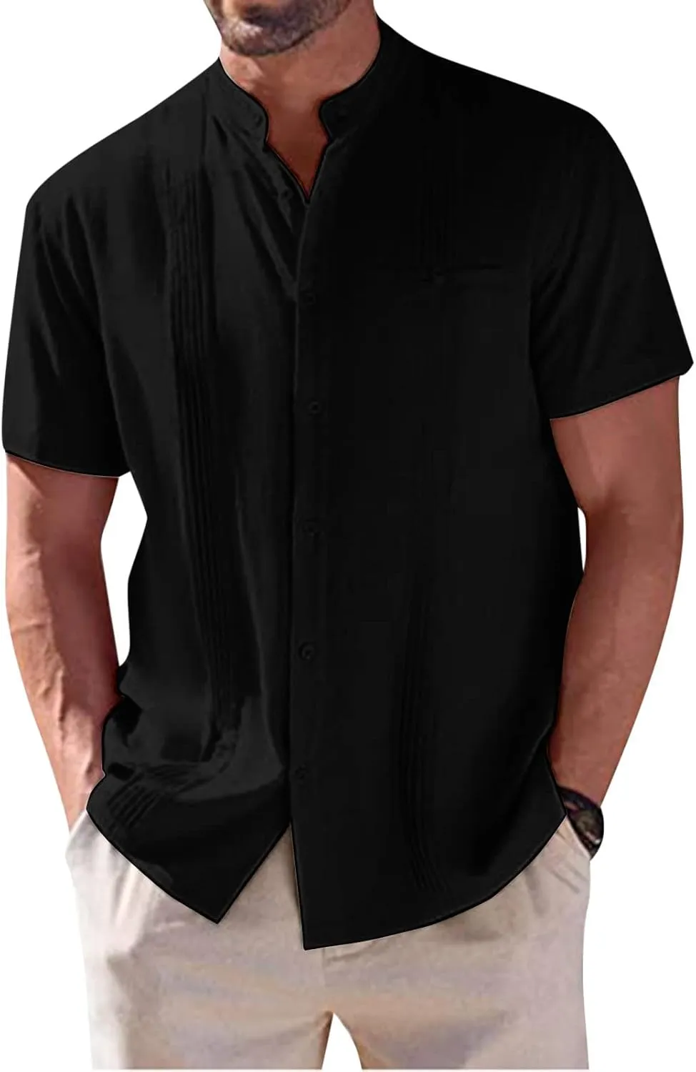 Mens Spring and Summer Solid Color Cotton and Linen with Pocket and Lapels and Half Buttoned Short Sleeved Western