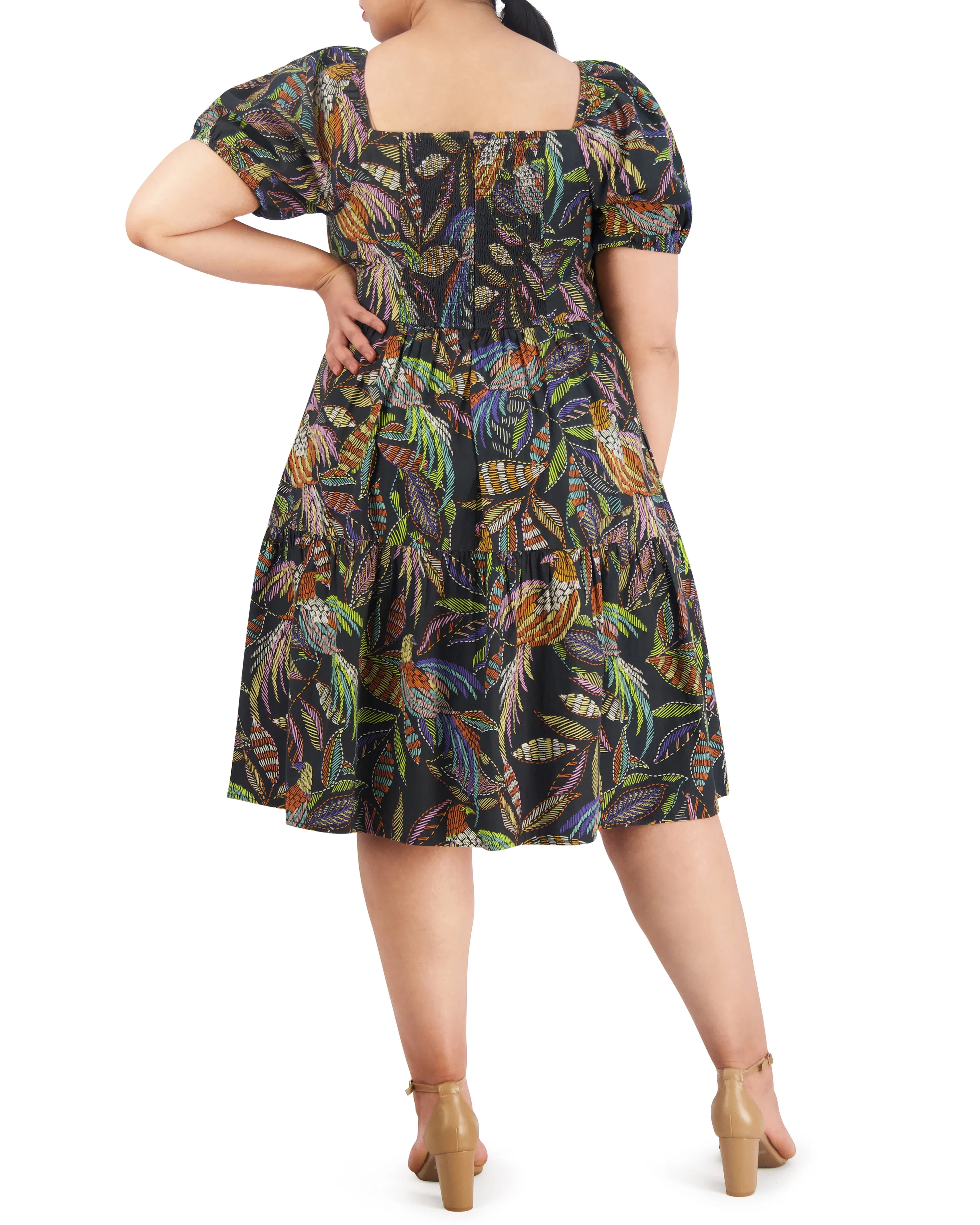 Plus-Size Printed Cotton Square-Neck Midi Dress
