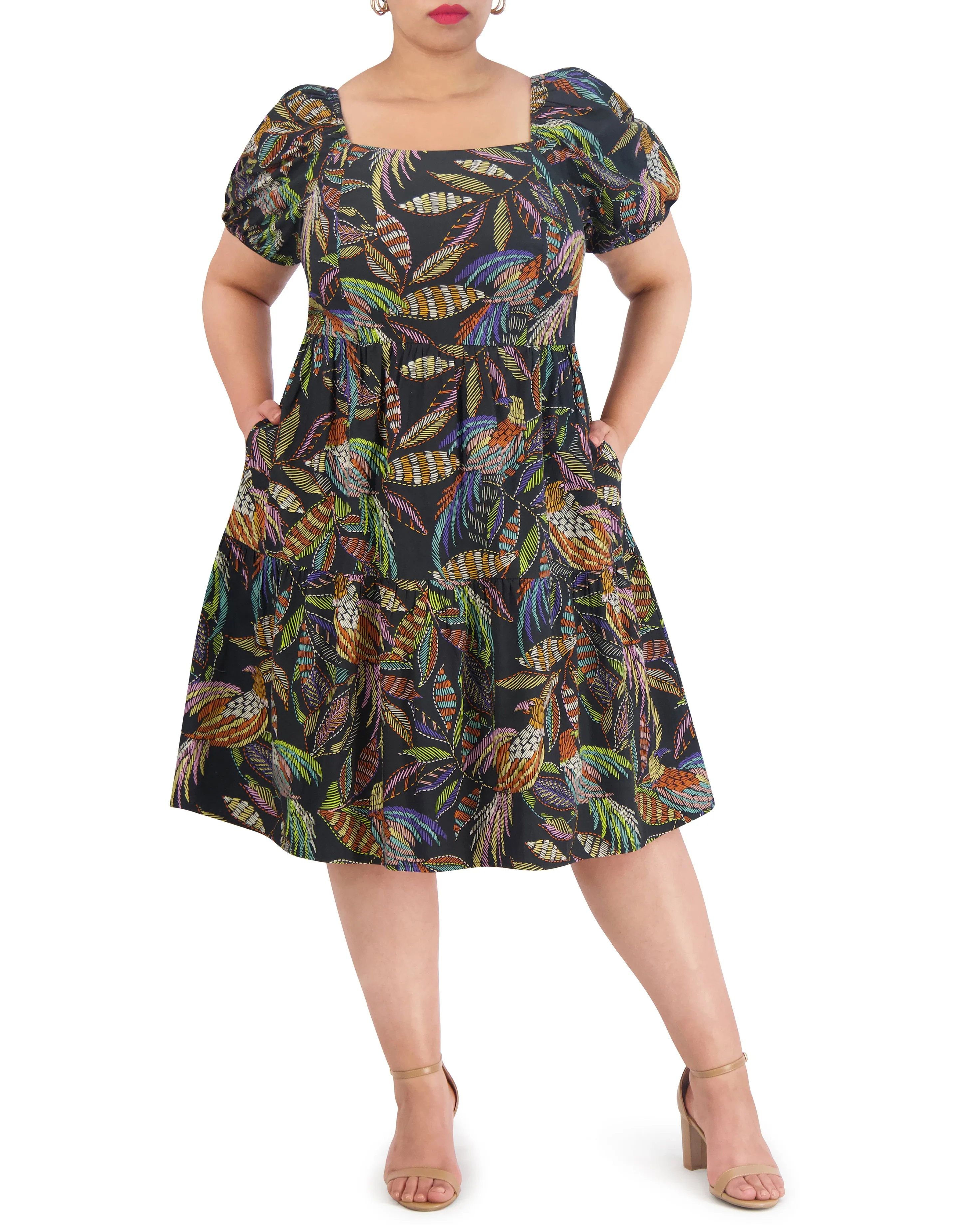 Plus-Size Printed Cotton Square-Neck Midi Dress