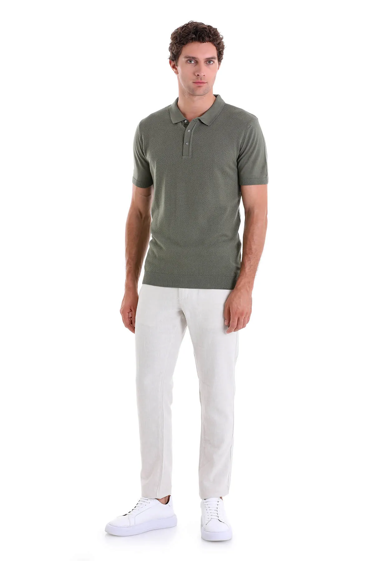 Regular Fit Cotton Blend Khaki Jacquard Polo T-Shirt