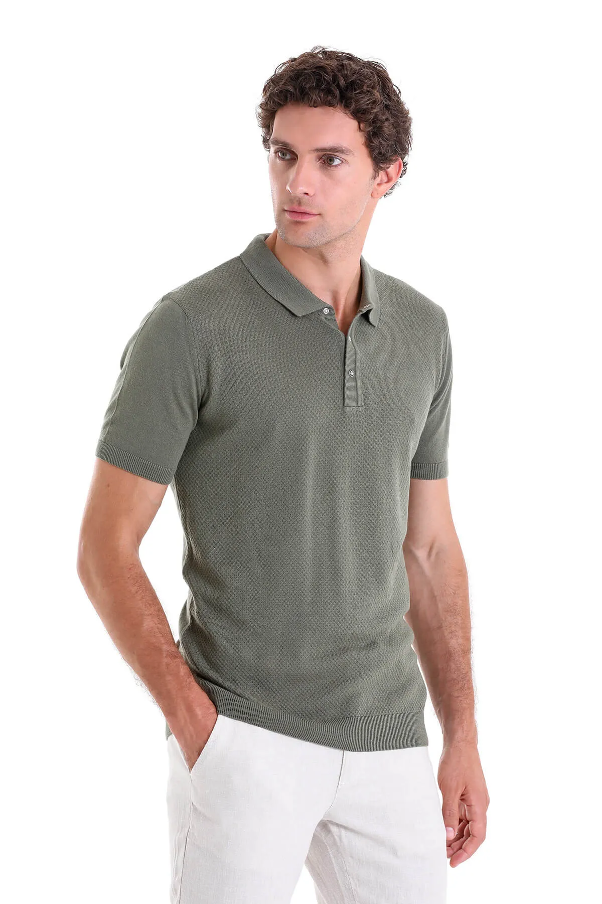 Regular Fit Cotton Blend Khaki Jacquard Polo T-Shirt