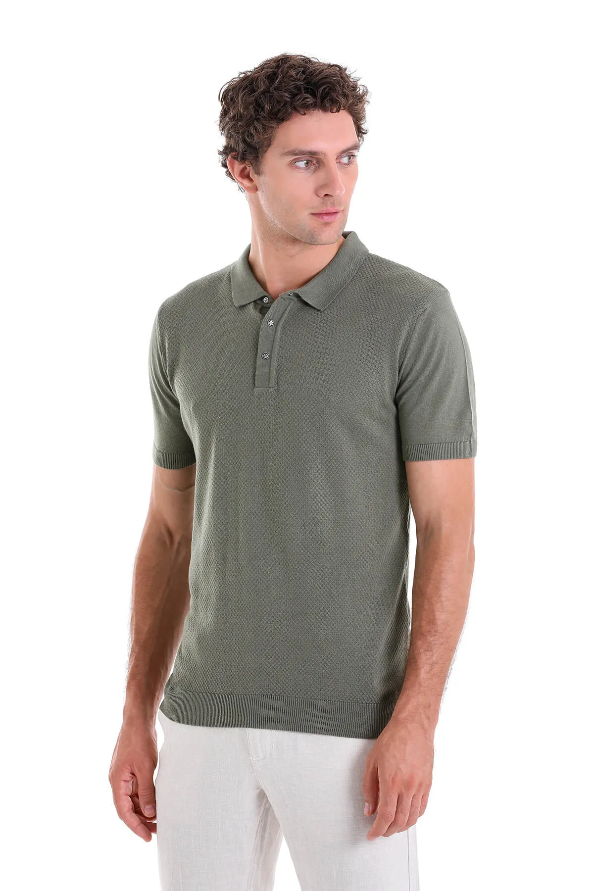 Regular Fit Cotton Blend Khaki Jacquard Polo T-Shirt
