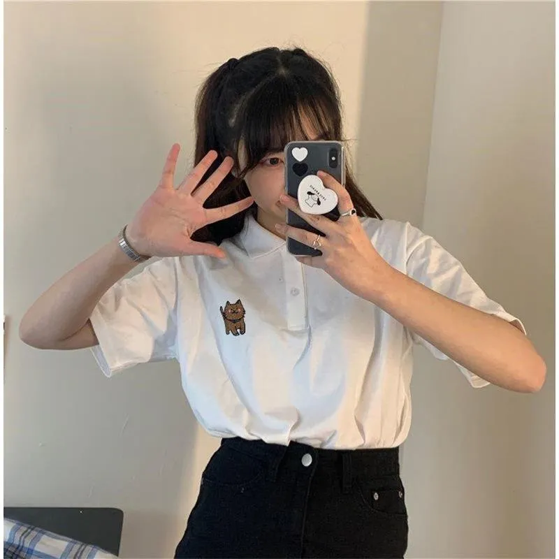 Retro Loose Fit Preppy Style Sports Black Short Sleeve Tee