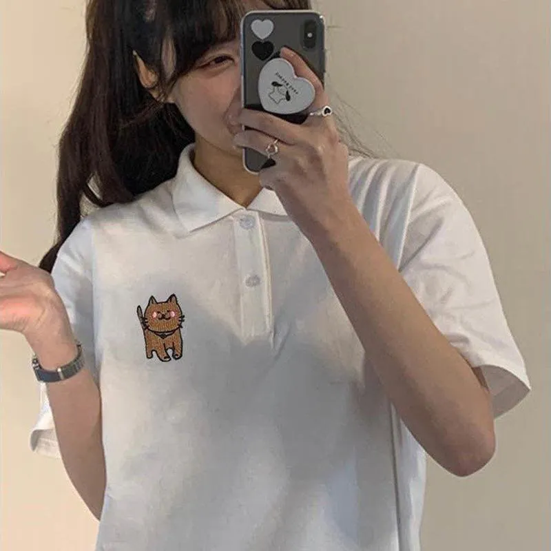 Retro Loose Fit Preppy Style Sports Black Short Sleeve Tee