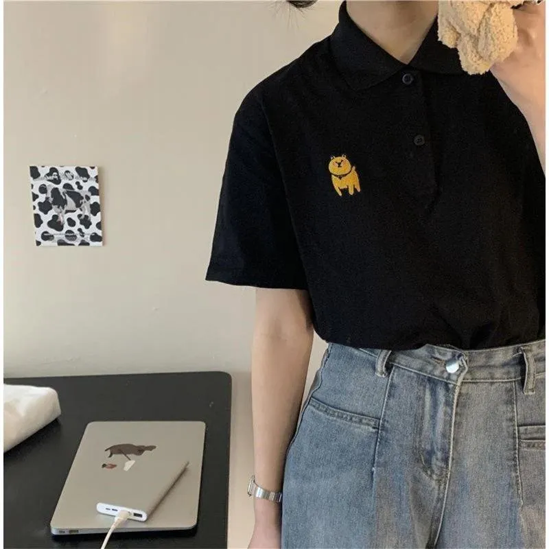 Retro Loose Fit Preppy Style Sports Black Short Sleeve Tee