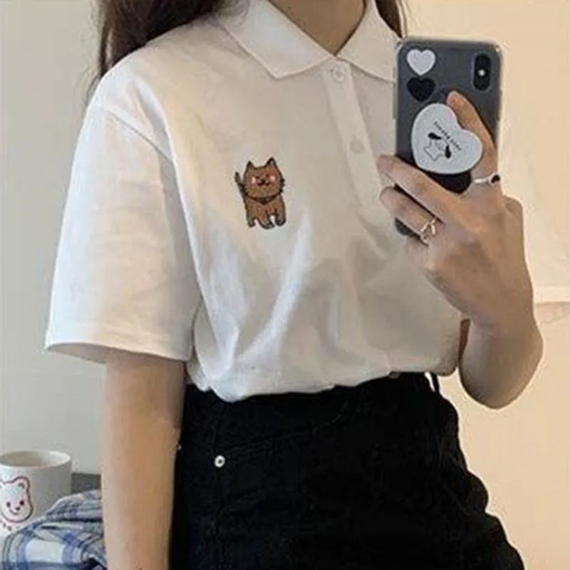 Retro Loose Fit Preppy Style Sports Black Short Sleeve Tee