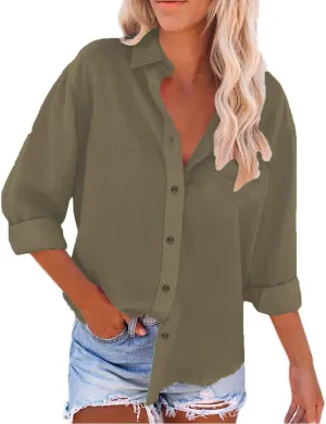 Summer Cotton Linen Shirts for Women Trendy Casual Long Sleeve Button Oversized Tshirts Ladies Work Tops