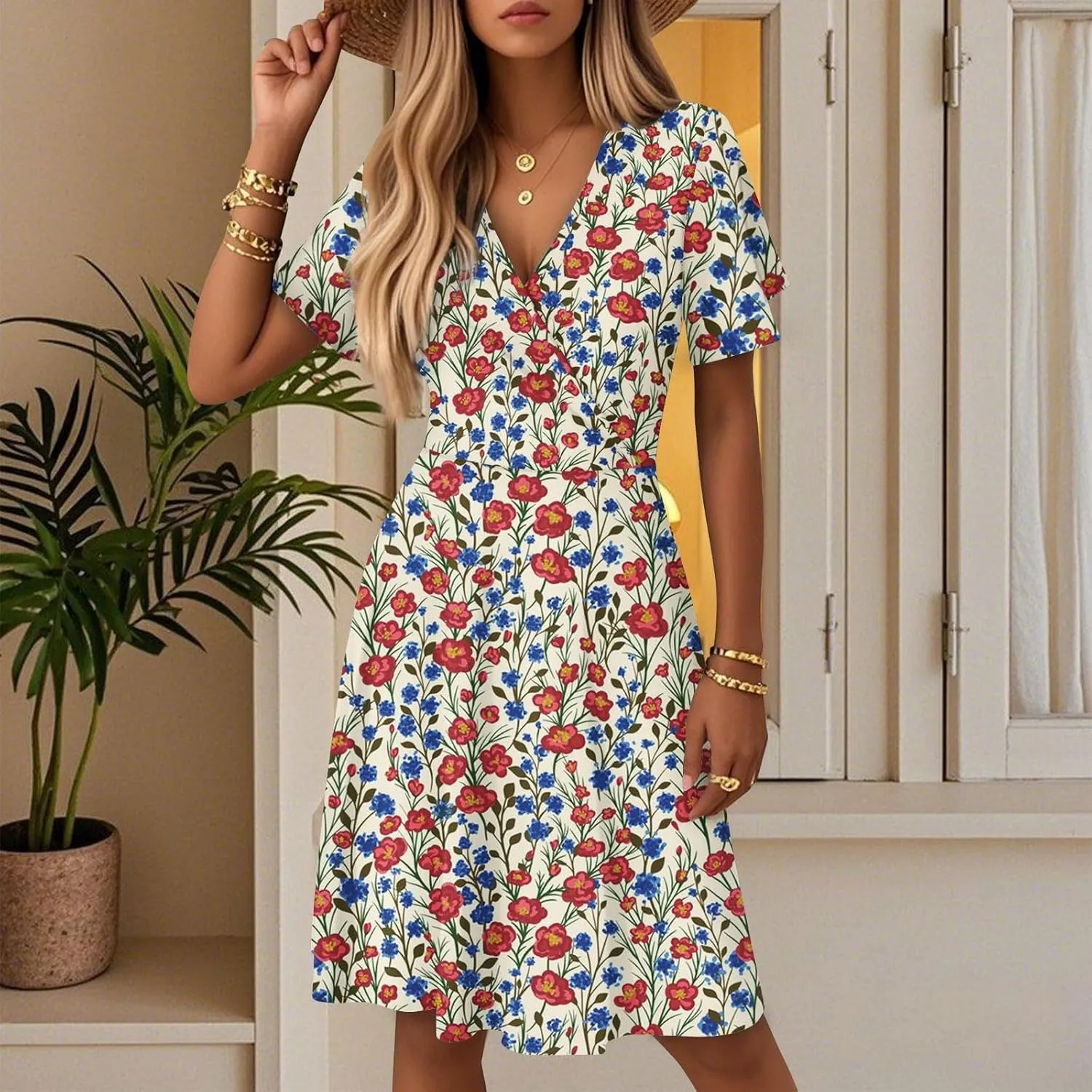 Summer Dress for Women Short Sleeve Warp V Neck Boho Floral Print Casual Ruffled A-Line Flowy Midi Sundress