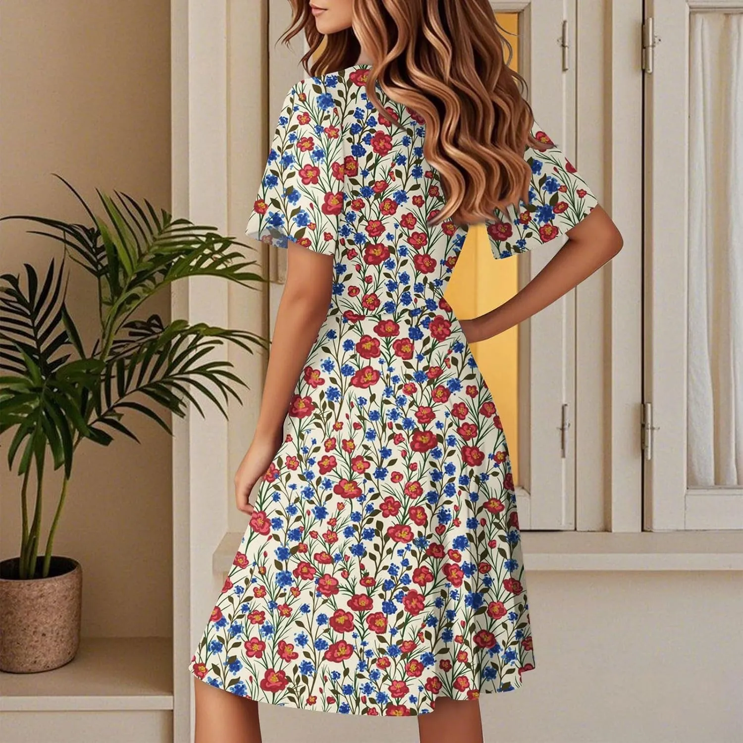 Summer Dress for Women Short Sleeve Warp V Neck Boho Floral Print Casual Ruffled A-Line Flowy Midi Sundress