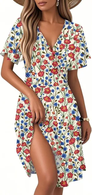 Summer Dress for Women Short Sleeve Warp V Neck Boho Floral Print Casual Ruffled A-Line Flowy Midi Sundress