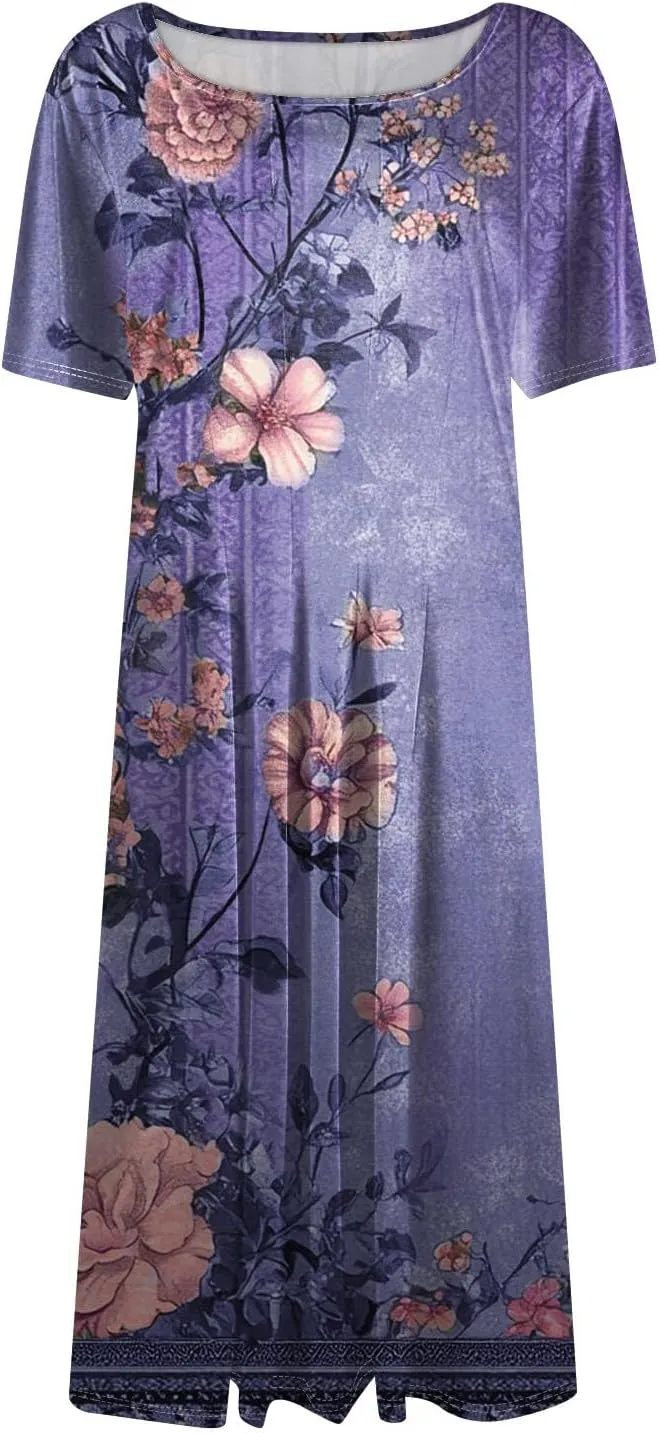 Summer Dresses for Women 2025 Empire Waist A Line Dress Side Pockets Crewneck Short Sleeve Midi Sun Dress Vacation