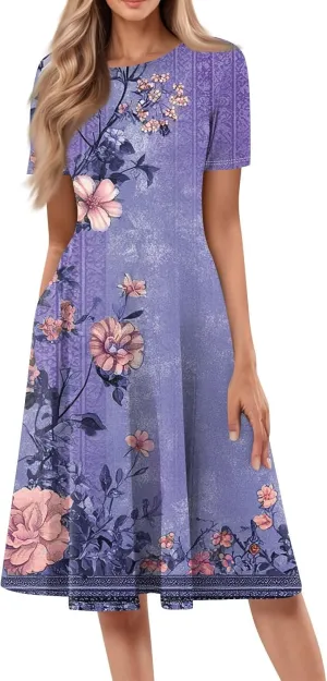 Summer Dresses for Women 2025 Empire Waist A Line Dress Side Pockets Crewneck Short Sleeve Midi Sun Dress Vacation