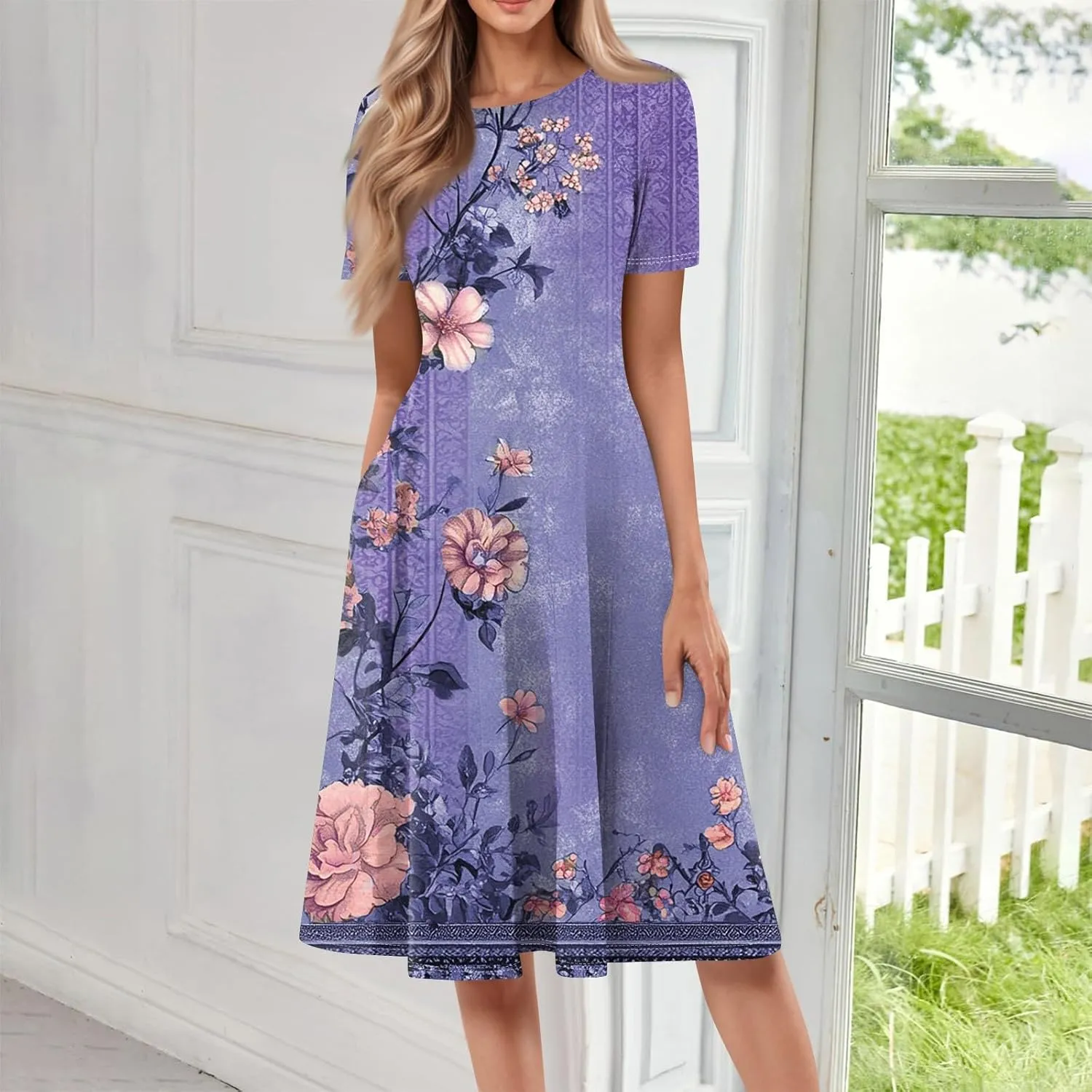 Summer Dresses for Women 2025 Empire Waist A Line Dress Side Pockets Crewneck Short Sleeve Midi Sun Dress Vacation