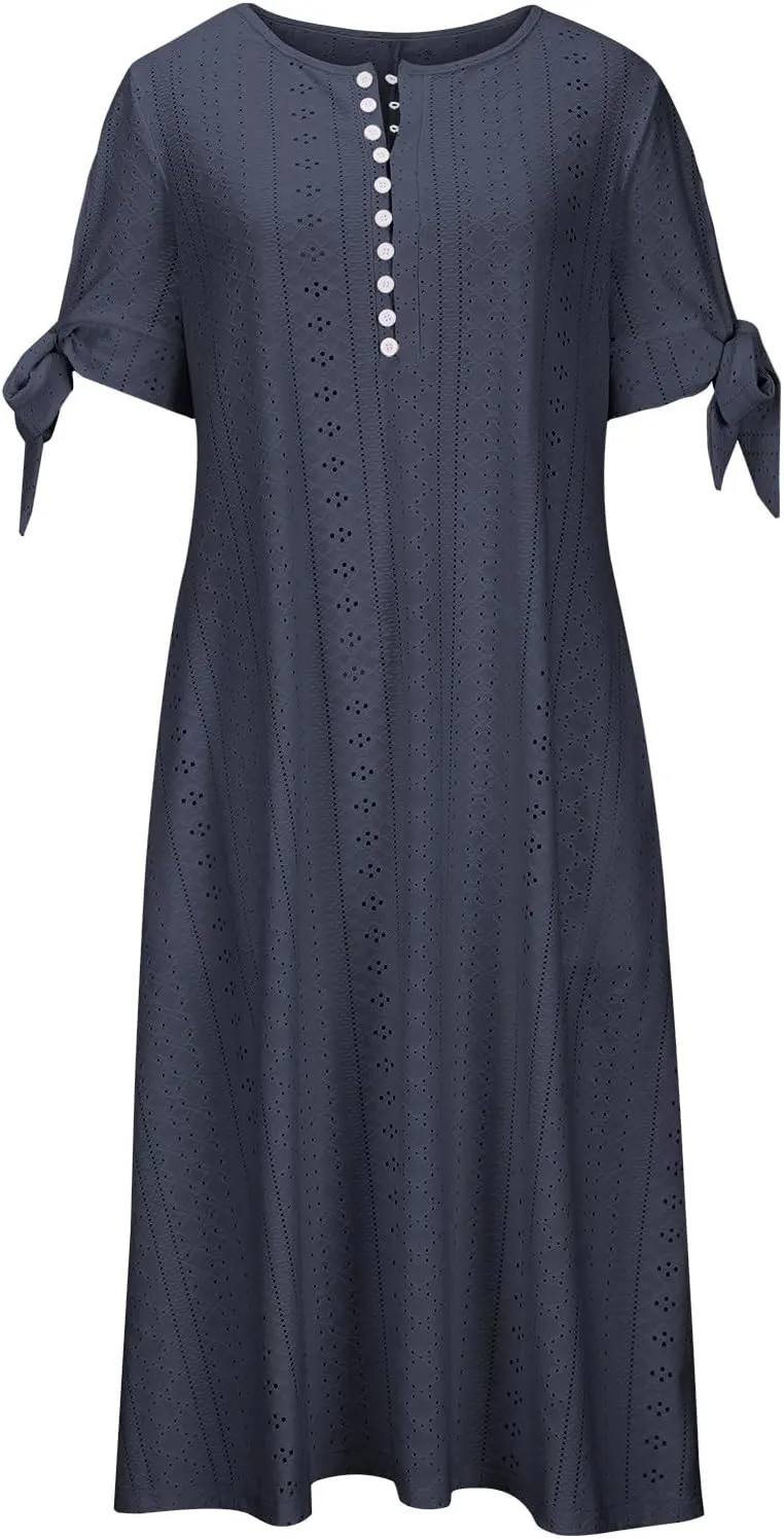 Summer Dresses for Women 2025 Flowy Maxi Dress Casual V Neck Button Sundress Short Sleeve Vacation Dress with Pockets