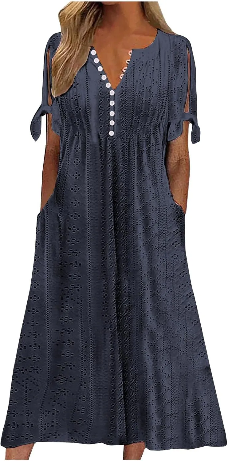 Summer Dresses for Women 2025 Flowy Maxi Dress Casual V Neck Button Sundress Short Sleeve Vacation Dress with Pockets