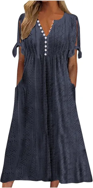 Summer Dresses for Women 2025 Flowy Maxi Dress Casual V Neck Button Sundress Short Sleeve Vacation Dress with Pockets