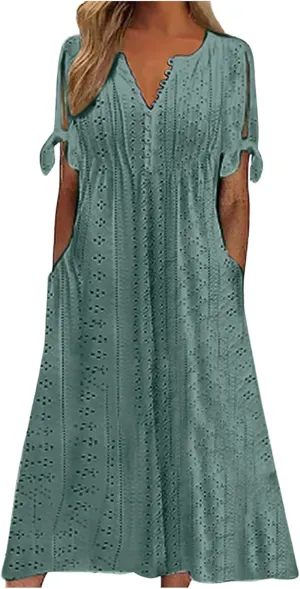 Summer Dresses for Women 2025 Loose Beach Vacation Flowy Dress Casual Crew Neck Short Sleeve Sundress with Pocket
