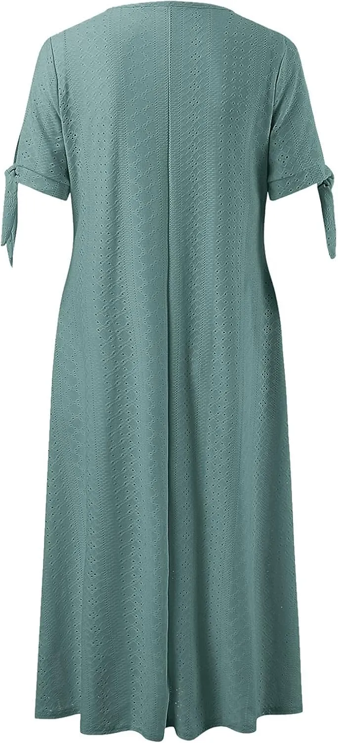 Summer Dresses for Women 2025 Loose Beach Vacation Flowy Dress Casual Crew Neck Short Sleeve Sundress with Pocket