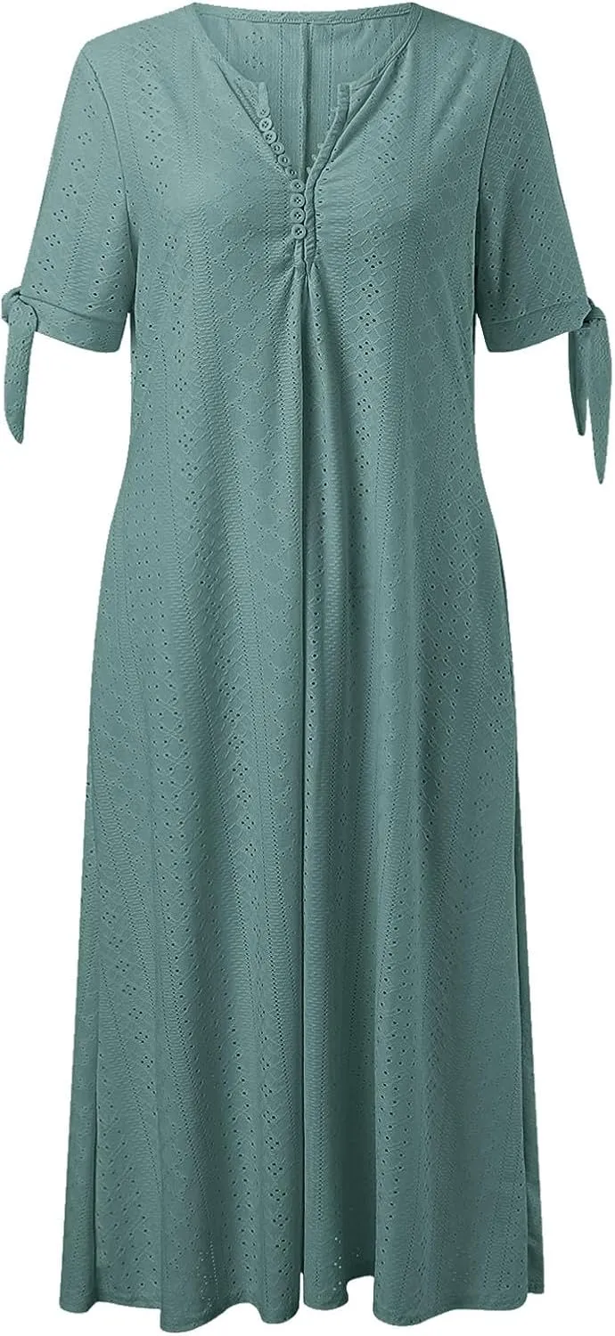 Summer Dresses for Women 2025 Loose Beach Vacation Flowy Dress Casual Crew Neck Short Sleeve Sundress with Pocket