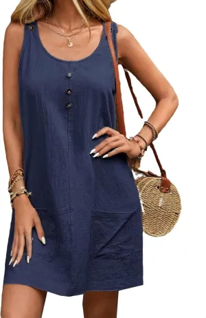 Summer Midi Dresses for Women 2025 Cotton Linen Dress Sleeveless Tshirt Dress with Pockets Beach Tank Sundress Loose