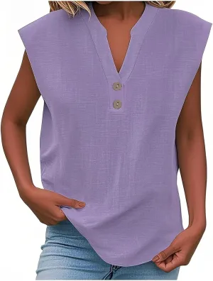 Summer Tops for Women 2025 Trendy V Neck Linen Shirts Cap Sleeve Button T Shirts Casual Loose Tunic Blouses Outfits