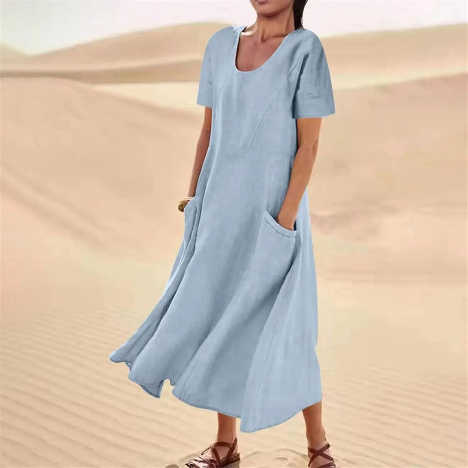 Swing Dresses for Women Casual Short Sleeve Cotton Linen Dress Solid Color Loose Beach Sundress Flowy Maxi Dress