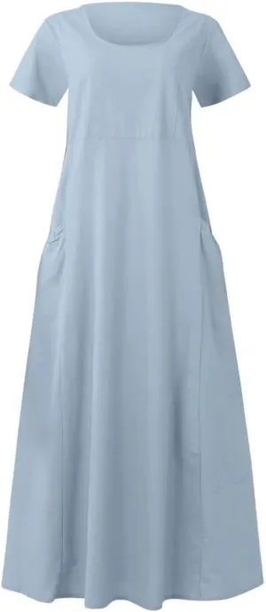 Swing Dresses for Women Casual Short Sleeve Cotton Linen Dress Solid Color Loose Beach Sundress Flowy Maxi Dress