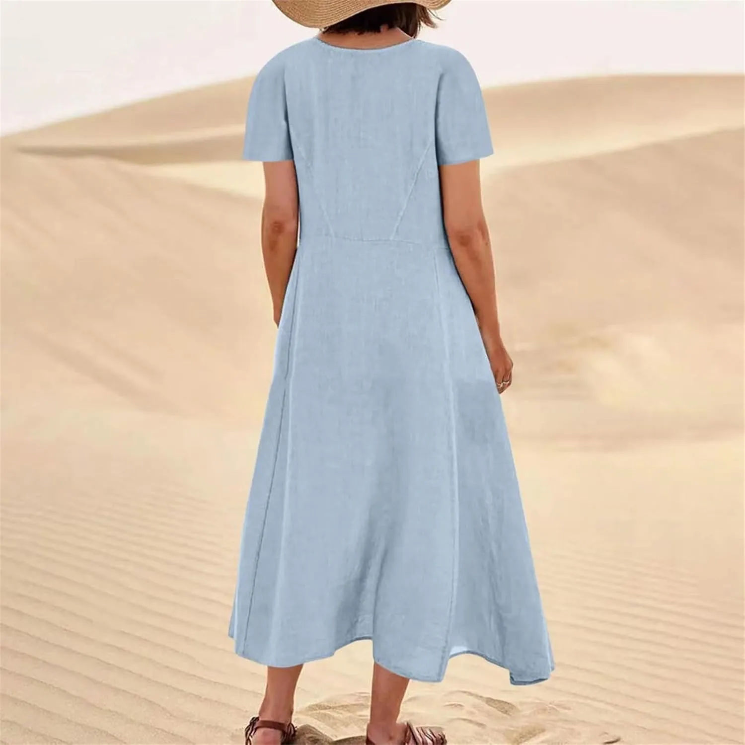 Swing Dresses for Women Casual Short Sleeve Cotton Linen Dress Solid Color Loose Beach Sundress Flowy Maxi Dress