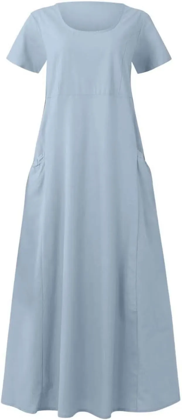 Swing Dresses for Women Casual Short Sleeve Cotton Linen Dress Solid Color Loose Beach Sundress Flowy Maxi Dress