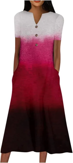 Women Casual Loose Bohemian Floral Dress with Pockets Short Sleeve Long Maxi Summer Beach Shift Dress