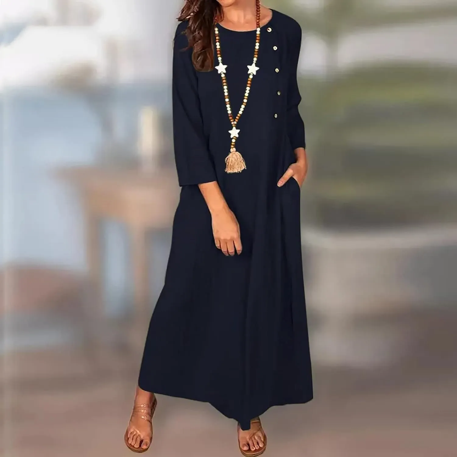 Women Cotton Linen Maxi Dress Round Neck Button Down Loose Maxi Shirt Dress Solid Comfy Holiday Outfits with Pockets
