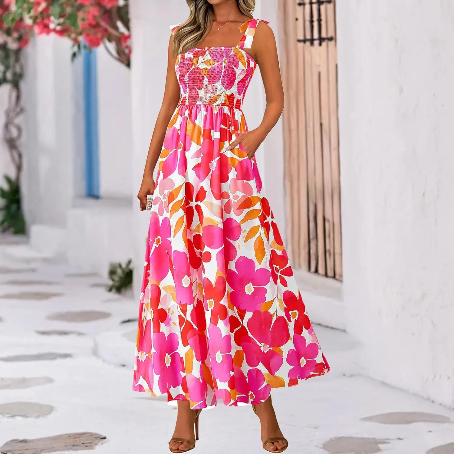 Women Summer Maxi Dress Trendy Floral Print Square Neck Strap Sleeveless Dresses Casual Tunic Pleated Beach Sundress
