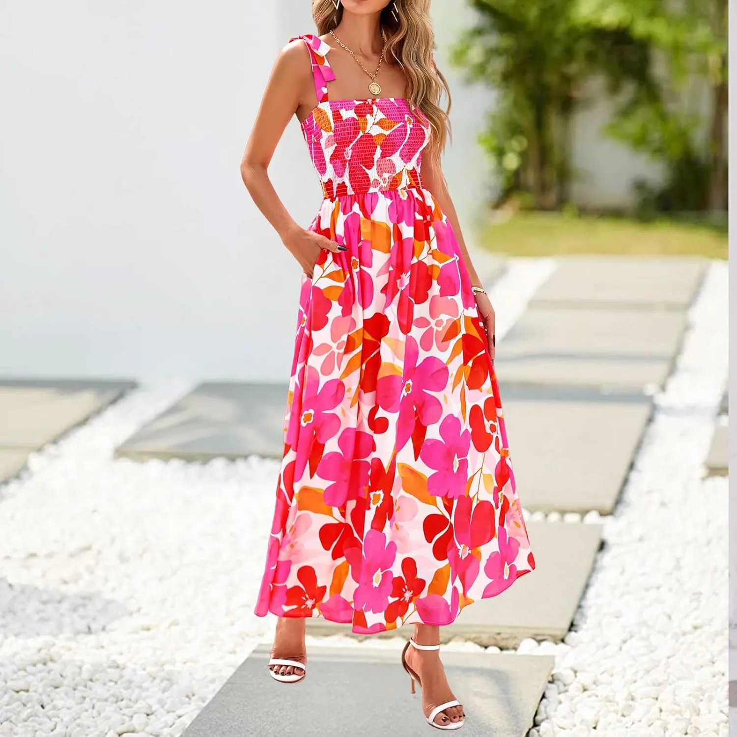 Women Summer Maxi Dress Trendy Floral Print Square Neck Strap Sleeveless Dresses Casual Tunic Pleated Beach Sundress