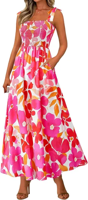 Women Summer Maxi Dress Trendy Floral Print Square Neck Strap Sleeveless Dresses Casual Tunic Pleated Beach Sundress